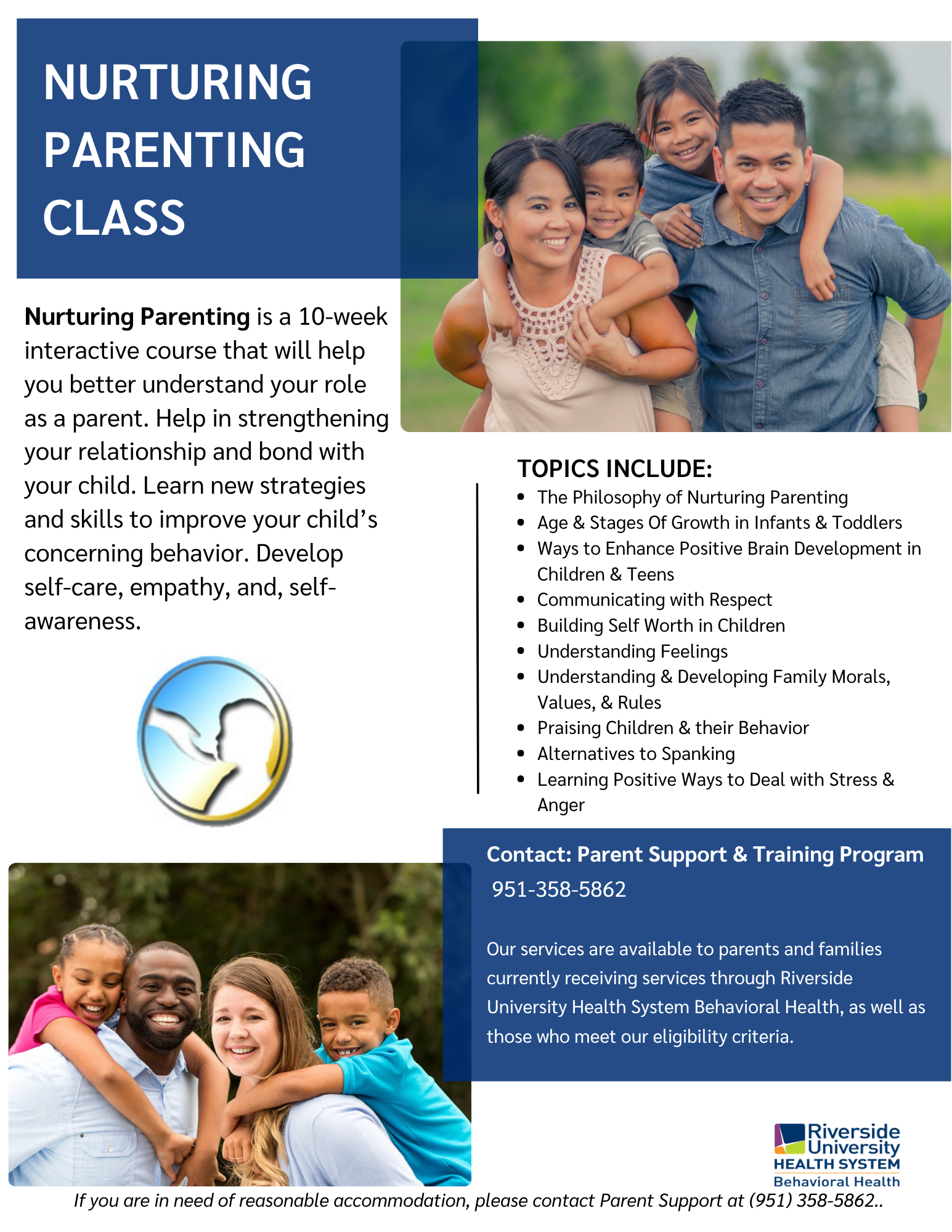 Nurturing Parenting Class flyer with images of happy families and program features.